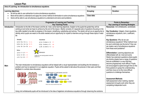Solving simultaneous equations full lesson with lesson plan
