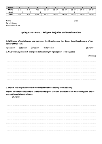 Religious Studies Assessment/Test & Mark Scheme for Prejudice and Discrimination
