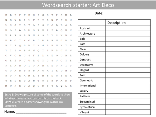 Art & Design Movement Art Deco KS3 GCSE Wordsearch Crossword Anagram Alphabet Keyword Starter