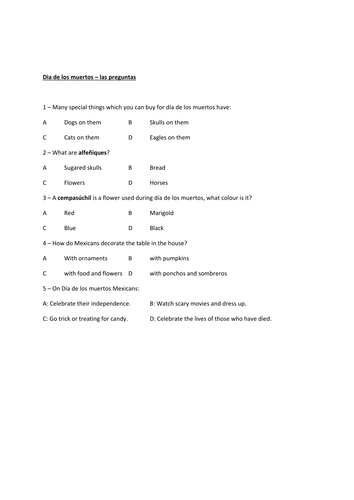 dia de los muertos text with multiple choice questions