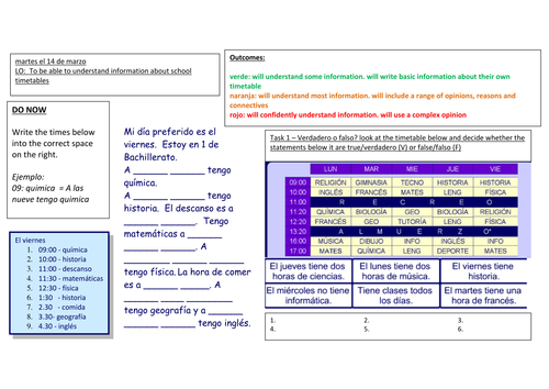 listos unit 3 vamos al instituto school timetables whole lesson worksheets