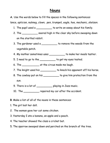 noun worksheet teaching resources