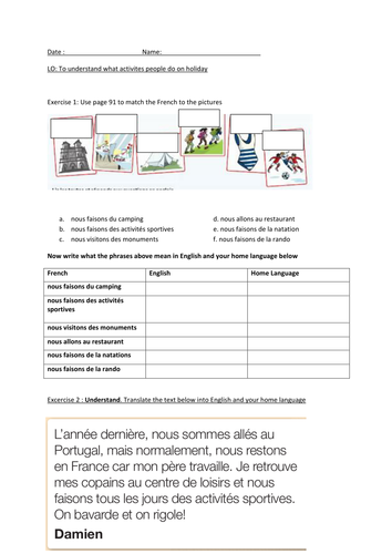 french les activities en vacances holiday activities whole lesson and EALstudio 1 module 5