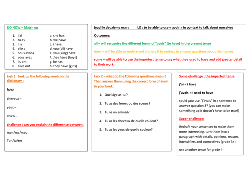 avoir present tense practice and translation activities