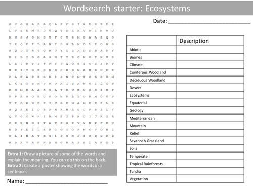 Geography Ecosystems KS3 GCSE Wordsearch Crossword Anagram Alphabet Keyword Starter Cover Lesson