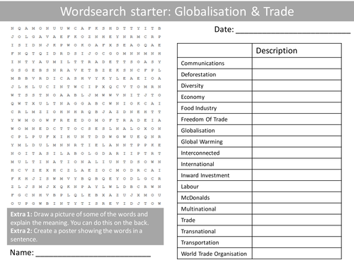 Geography Globalisation Trade KS3 GCSE Wordsearch Crossword Anagram
