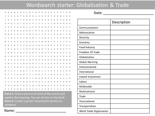 Geography Globalisation Trade KS3 GCSE Wordsearch Crossword Anagram Alphabet Keyword Starter Cover