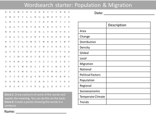Geography Population Migration KS3 GCSE Wordsearch Crossword Anagram Alphabet Keyword Starter Cover