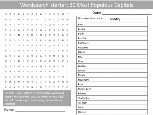 Geography World Capital Cities KS3 GCSE Wordsearch Crossword Anagram Alphabet Keyword Starter Cover