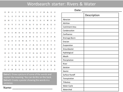 Geography Rivers & Water KS3 GCSE Wordsearch Crossword Anagram Alphabet Keyword Starter Cover Hwk
