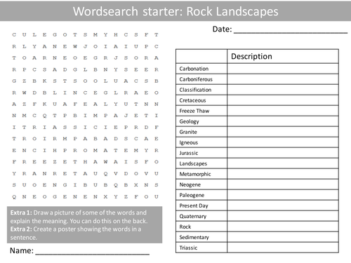 Geography Rock Landscapes KS3 GCSE Wordsearch Crossword Anagram Alphabet Keyword Starter Cover Hwk