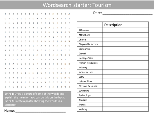 Geography Tourism KS3 GCSE Wordsearch Crossword Anagram Alphabet Keyword Starter Cover Lesson