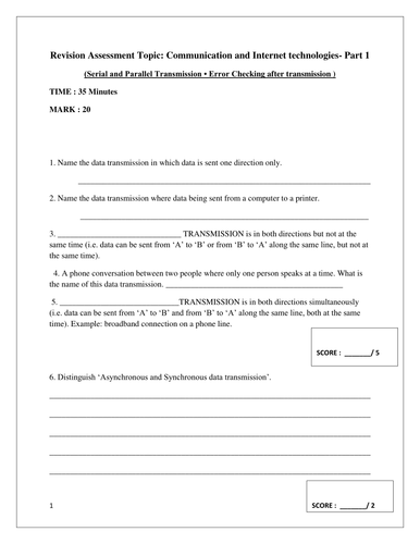 REVISION ASSESSMENT WORKSHEET ON SERIAL AND PARALLEL DATA TRANSMISSION ,ERROR CHECKING-PART 1