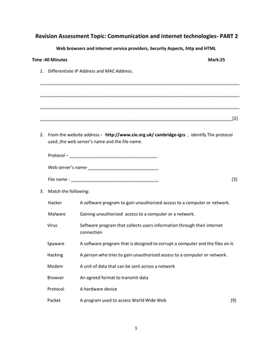 REVISION WORKSHEET -IGCSE /O LEVEL COMPUTER SCIENCE:INTERNET &SECURITY -PART 2