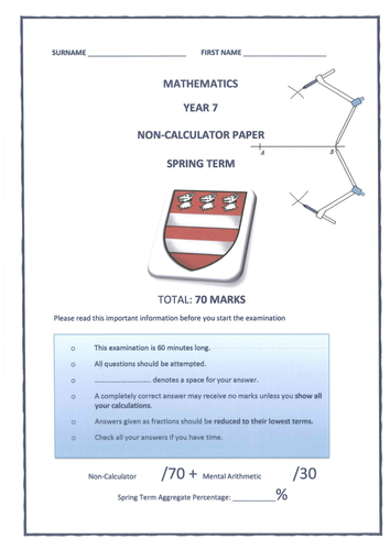 Year 7 Spring Term Mathematics Assessment Test /100