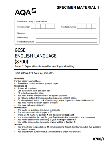 AQA GCSE Literature Mock Exam Paper - Paper 1 | Teaching Resources