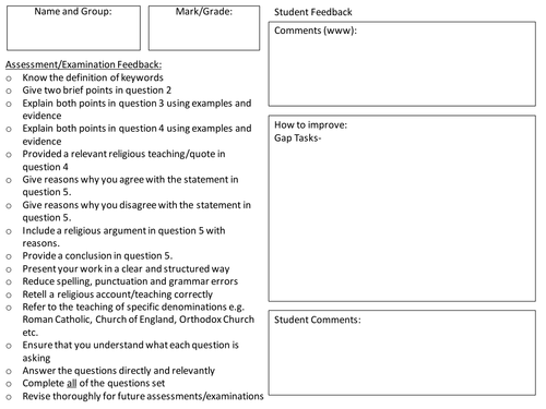 New GCSE RS 9-1 Post Assessment/Exam Feedback Sheet