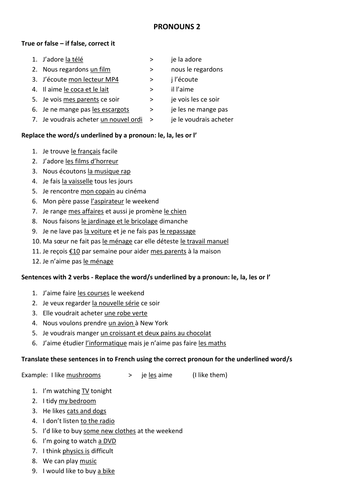 Pronoun practice for Yr9 in French