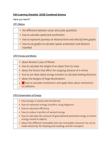 GCSE Physics Learning Check lists