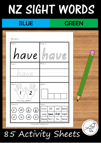 New Zealand Sight Words - Activity Sheets (Blue and Green)