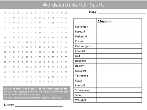 German Sport Keywords KS3 GCSE Starter Activities Wordsearch, Anagrams Alphabet Crossword Cover
