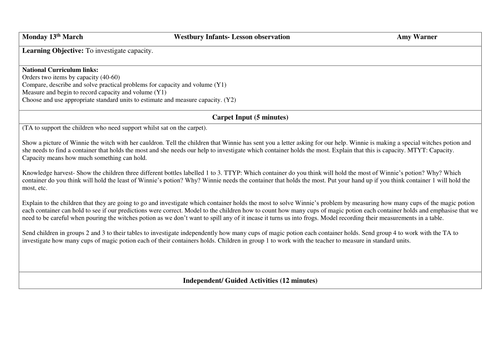 Year 1 Interview Lesson/ Observation Lesson capacity