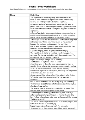 Poetic Terms Worksheet by ndavidson91 - Teaching Resources - Tes