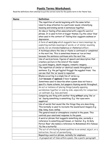 Poetic Terms Worksheet