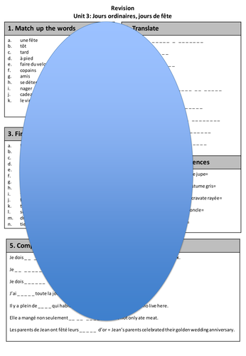 Module 3: Jours ordinaires, jours de fête (revision sheet for exam)