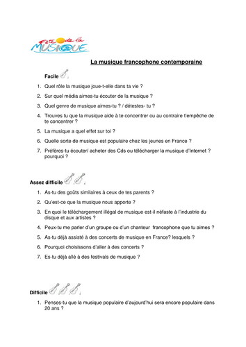 Speaking cards : " la musique francophone contemporaine + general questions on the topic