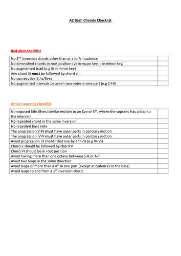 A2 Bach Chorale checklist