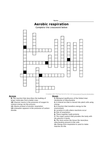 GCSE Biology crosswords NEW specification - Chapter 9: Respiration Lessons 1-4