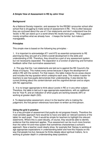 Simple Assessment in Religious Education - without levels