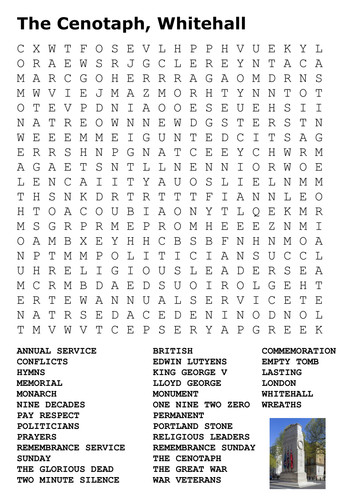 The Cenotaph - Whitehall Remembrance Day Word Search