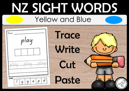 New Zealand Sight Words - Yellow and Blue - Trace Write Cut Paste