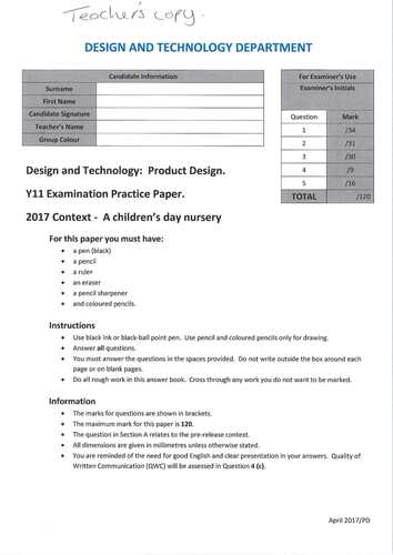 2017 AQA Product Design - A children's day nursery - Section A - Answers