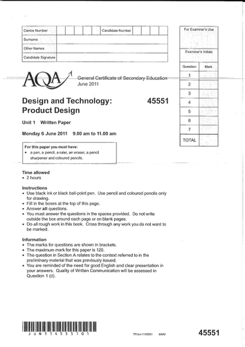 AQA Product Design - PRACTICE PAPER