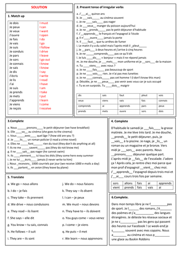 GCSE French revision quickie (2017) - Present tense of irregular verbs (Solution provided )