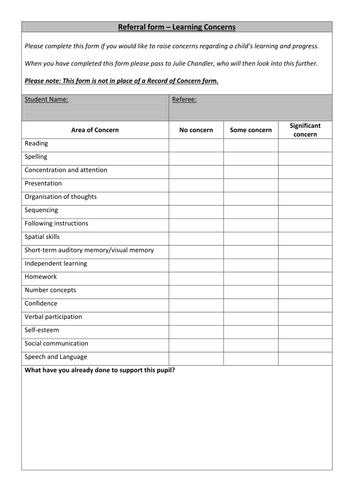 Learning Concerns - Teacher concern/referral/feedback form