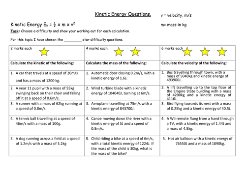 A differentiated worksheet on calculating kinetic energy