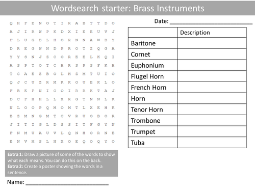 Music Brass Instruments Wordsearch Crossword Anagrams Music Keyword Starters Homework Cover Lesson