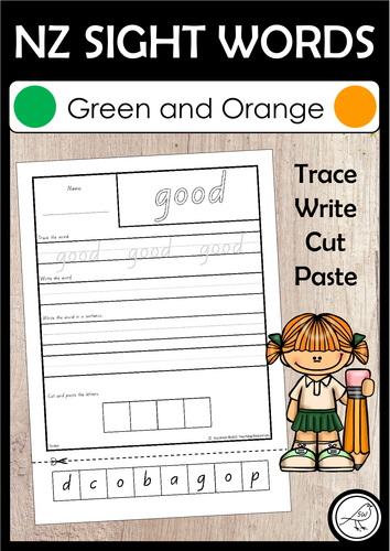 New Zealand Sight Words – Green and Orange - Trace Write Cut Paste