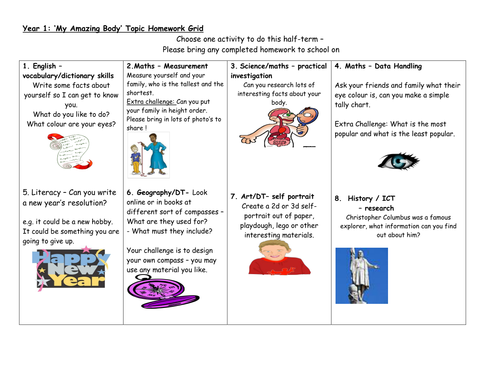 Year 1 My Body Homework Grid