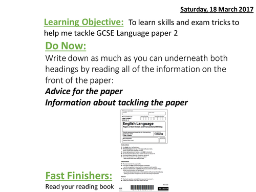 Edexcel English Language GCSE Paper 2017 - Unit of work for Paper 2
