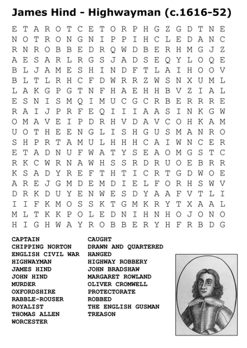 James Hind English Civil War Highwayman Word Search