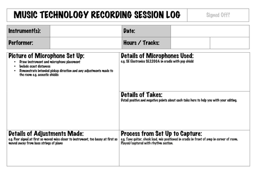 Recording Session Log for Music Technology (AS/A Level Component 1)
