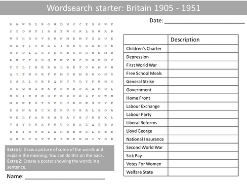 History Britain 1905-1951 Wordsearch Crossword Anagrams Keyword Starters Homework Cover Lesson