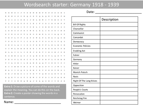 History Germany 1918-1939 Wordsearch Crossword Anagrams Keyword Starters Homework Cover Lesson