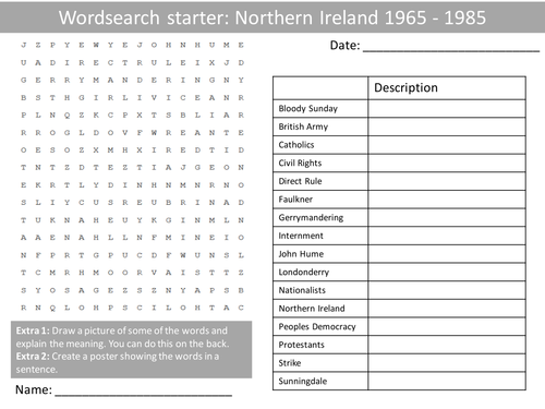 History Northern Ireland 1965-1985 Wordsearch Crossword Anagrams Keyword Starters Homework Cover