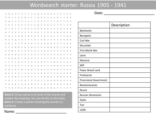 History Russia 1905-1941 Wordsearch Crossword Anagrams Keyword Starters Homework Cover Lesson